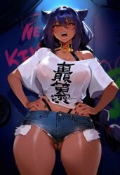 1girls angry animal_ears ass_visible_through_thighs bangs bare_shoulders bikini black_hair blush breasts choker crop_top cutoffs demon_girl denim denim_shorts eyebrows_visible_through_hair hair_between_eyes half-closed_eyes hand_on_hip hands_on_hips huge_breasts jahy jahy_sama_wa_kujikenai! jewelry large_breasts long_hair looking_at_viewer midriff nail_polish navel off_shoulder open_mouth see-through shirt short_shorts shorts solo standing swimsuit teeth thick_thighs wide_hips