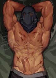 1boy ^^^ abs arm_behind_head arms_up bara black_male_underwear black_mask blood blue_eyes boxers call_of_duty call_of_duty:_modern_warfare_2 commentary cowboy_shot cum cum_on_body cum_on_penis cuts english_commentary english_text erection heart highres injury kdf_(nomorelemontea) konig_(call_of_duty) lying male_focus male_only male_underwear mask masochism muscular muscular_male nipples nude on_back pectorals penis solo testicles topless_male twitter_username underwear veins veiny_arms veiny_penis