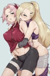 2girls bare_shoulders blonde_hair forehead green_eyes highres ino_yamanaka long_hair m_k multiple_girls naruto naruto_(series) naruto_shippuden navel pink_hair sakura_haruno short_hair smile stomach sweat yuri