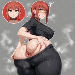 1:1 1girls ai_generated big_breasts female half-dressed huge_ass looking_down makima_(chainsaw_man) pawg spread_anus spread_ass