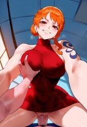 ai_generated breast_grab cowgirl_position dress grabbing_another's_breast hard_nipples large_breasts looking_pleasured nami nami_(one_piece) official_alternate_costume one_piece sex sleeveless tattoo_on_arm tight_clothing tittyg-ai vaginal_penetration