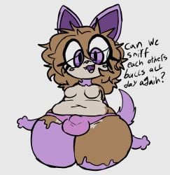 1futa androgynous anthro belly breasts brown_hair bulge dawrklawst ears_up eyelashes fangs femboy fluffy fluffy_hair furry looking_at_viewer looking_down mouth_open multicolored_body purple_eyes slightly_chubby solo tail text thighs tummy underwear