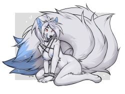 4_toes 5_fingers anthro anthrofied areola biped blue_tongue bracelet breasts canid canine cheek_tuft chest_tuft collar digital_media_(artwork) dipstick_tail eyebrows eyelashes f-r95 facial_tuft feet female fingers fox fur generation_1_pokemon grey_body grey_fur grey_hair hair harness inner_ear_fluff jewelry kneeling mammal markings multi_tail multicolored_tail ninetales nintendo nipples open_mouth pokemon pokemon_(species) pokemorph red_eyes silverstar_(supam8) solo spiked_bracelet spikes tail tail_markings teeth toes tongue tuft