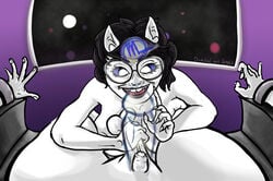 1futa 1girls ball_crushing ball_squeeze black_hair black_lipstick dickital dog_ears femdom futanari homestuck jade_harley limp mind_control ms_paint_adventures open_mouth penis_shrinking purple_background restrained short_hair shrinking troll vriska_serket white_eyes white_skin