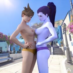 3d 3d_(artwork) anorcorner breasts_pressed_against_partner breasts_to_breasts catfight enemies fight fighting hate lena_oxton overwatch overwatch_2 panties purple_hair purple_skin rivals staredown struggling symmetrical_docking topless tracer widowmaker yuri