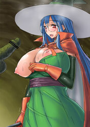 areolae blue_hair blush breasts breasts_out cape censored clothing cosplay detached_sleeves dragon_quest dragon_quest_iii dress female glasses gloves hat huge_breasts large_breasts long_hair mage_(dq3)_(cosplay) mesiuma_joutai nipples open_mouth penis priest_(dq3) puffy_nipples red_eyes standing