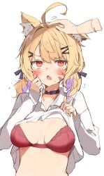 ahoge animal_ear_fluff animal_ears blonde_hair blush bra braid breasts collarbone female hair_ornament hairclip long_sleeves looking_at_viewer medium_breasts oerba_yun_fang open_clothes open_mouth orange_eyes petting pink_bra red_bra red_eyes shirt simple_background solo_focus squchan_(vtuber) twintails underwear upper_body vyugen white_background white_shirt