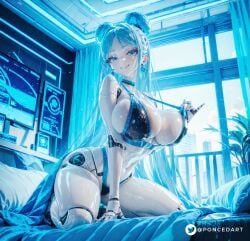 1robot_girl ai_generated alternate_version_available big_breasts blue_eyes blue_hair bra breasts ecchi long_hair looking_at_viewer panties poncedart robot_humanoid shiny_skin thighs watermark