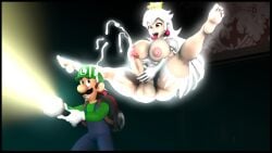 1boy 1futa 3d 3d_(artwork) balls ballsack big_penis blue_overalls boo_(mario) boosette breasts clothing crown cum cumshot duo ejaculation erection facial_hair flashlight floating futanari ghost gloves green_hat green_shirt hat humanoid jacking_off kabalmystic large_penis luigi luigi's_mansion male mario_(series) masturbating moustache nintendo nipples open_mouth overalls penis standing tongue tongue_out white_dress white_gloves white_hair