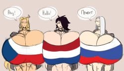 3girls abs alternate_version_available black_hair black_hair_over_one_eye blonde_hair choker cream_vanilla czech_flag czech_republic czech_text czechia dutch_flag dutch_text greeting greeting_viewer hair_over_one_eye huge_breasts large_breasts massive_breasts miss_popsicle netherlands netherlands_flag original_character original_characters russia russian_flag russian_text tasteofchoklit white_hair white_hair_over_one_eye