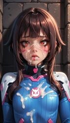 ai_generated bodysuit brown_hair close-up cosplay cum cum_in_mouth cum_on_body cum_on_face d.va_(cosplay) megumin red_eyes stable_diffusion