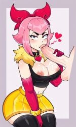 ai_generated asian_female big_penis brawl_stars clothed clothed_female_nude_male cum cum_in_mouth cum_on_breasts cumshot disembodied_penis fallnkit fellatio huge_cock looking_at_viewer melodie_(brawl_stars) partially pink_hair skirt thick_thighs