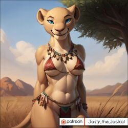 1girls adult ai_generated anthro big_breasts bikini blue_eyes claws clothed disney eyebrows eyes felid female fingers fur furry grin jasty lion nala nala_(the_lion_king) pantherine patreon patreon_link patreon_logo savanna seductive smile solo solo_female the_lion_king