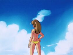 1981 3girls animated beach bikini_bottom black_hair brown_eyes brown_hair creative_censorship female gif hourglass_figure original_character ponytail public_nudity shoulder_length_hair studio_pierrot toned_female topless topless_female urusei_yatsura