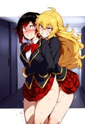 ai_generated blonde_hair drooling from_behind futa_on_female futanari grin hug_from_behind rape red_hair ruby_rose rwby shocked uniform yang_xiao_long