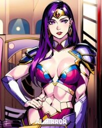 1girls ai_generated ai_mirror big_breasts purple_barbarian_(starfox_of_the_galaxy_multivereses_mightiest_heroes) purple_hair sexy.ai wonder_woman_(cosplay)