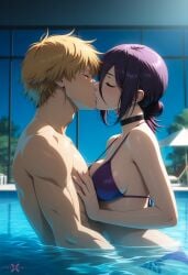 ai_generated bikini chainsaw_man closed_eyes denji_(chainsaw_man) kissing lxlbanner pool purple_bikini purple_hair reze_(chainsaw_man)