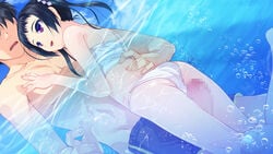 2boys aogiri_penta ass between_thighs black_hair femboy fundoshi josou_kaikyou male male_only multiple_males munakata_meguru ocean penis purple_eyes rubbing tied_hair trap twintails underwater water yaoi