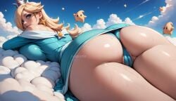 1girls ai_generated ass ass_focus blonde_hair blue_eyes ecchi league69 long_hair looking_at_viewer looking_back panties pov pov_ass princess_rosalina shiny_skin solo thighs watermark