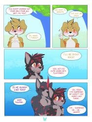 3:4 absurd_res anthro artist_logo blep blush comic compression_artifacts dialogue digital_drawing_(artwork) digital_media_(artwork) english_text epicbunbun group hi_res logo looking_at_viewer male male_anthro speech_bubble text tongue tongue_out trio