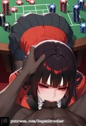 1girls ai_generated big_breasts black_hair black_pantyhose blunt_bangs dark-skinned_male degenbrecher fellatio female hand_on_another's_head jabami_yumeko pantyhose patreon patreon_username red_eyes red_jacket school_uniform skirt subscribestar subscribestar_username uncensored white_shirt