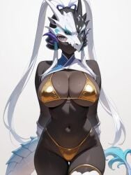 1girls ai_generated big_breasts bikini blue_eyes bodysuit breasts civitai cleavage dragon_girl dragon_tail female female_focus female_only full_body full_body_suit gold_bikini gold_panties helmet helmet_over_eyes large_breasts long_hair mask masked masked_female mouth_mask solo solo_female solo_focus swordsoul_of_mo_ye tail thick_hips thick_thighs thighhighs thighs twintails very_long_hair white_hair wide_hips yu-gi-oh!