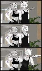 anthro atoastedorange comic dialogue domibun eva_(lorekeeper_nate) fox funny funny_face gilf hi_res highres leon_(atoastedorange) leon_(domibun) lorekeeper_nate mother mother_and_son reaction son sports_bra sportswear surprise surprised vixen white_fur