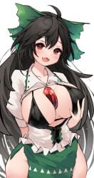 :3 :d blush cute hand_on_breast huge_breasts jewel object_between_breasts reiuji_utsuho side_slit smile thick_thighs touhou utsuho_reiuji wide_hips