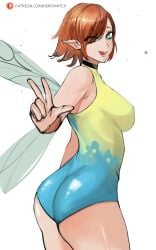 atlus big_ass big_breasts blue_eyes clothed fairy fairy_wings female female_only gallica metaphor:_refantazio nero_watch orange_hair patreon_username peace_sign tongue_out