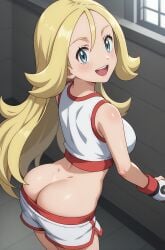 1girls ai_generated ass ass_cleavage back_view blonde_hair clothed_female dolphin_shorts korrina_(pokemon) pokemon pokemon_xy tank_top unknown_artist