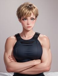 ai_generated armor arms_crossed blonde_hair curvy eteeming female_only grace_harper pixie_cut short_hair solo terminator terminator_(franchise) terminator_dark_fate tomboy