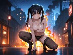 1girls ai_generated anilvl arm_support arm_under_breasts bangs big_breasts black_hair black_panties black_thighhighs blush bow bow_panties breast_hold breasts building burning city cityscape cleavage closed_mouth collarbone en'en_no_shouboutai enen_no_shouboutai exhibitionism feet fire fire_force full_body kotatsu_tamaki lace_trim large_breasts legs long_hair looking_at_viewer medium_breasts navel night night_sky nipples no_shoes orange_eyes outdoors panties power_lines reflection road sidelocks skindentation sky smoke solo spread_legs squatting stomach street sweat thighhighs thighs tiptoes toes topless twintails underwear underwear_only utility_pole water wet yellow_eyes