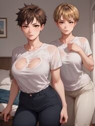 2girls ai_generated ass blonde_hair brown_hair caked_up concerned curvy eiko_(zero) eteeming female_only flashing grace_harper holding_breasts nice nude pixie_cut short_hair slight_smile solo terminator terminator_(franchise) terminator_dark_fate terminator_zero tomboy