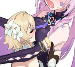 2girls blonde_hair blush bodysuit breast_press breast_squish breasts breasts_on_face citlali_(genshin_impact) dasdokter female_only genshin_impact happy happy_female hug lumine_(genshin_impact) open_mouth pink_hair skin_tight smothering thumbs_up yuri