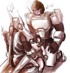 1girls 2boys artist_request erection female human human_penetrated interspecies male perceptor robot robot_on_human robot_penis sex sex_machine threesome transformers transformers_idw