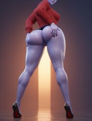 ai_generated bampkin8 caked_up from_below heels legs looking_back overwatch pussy round_ass short_skirt simple_background spreading_ass sweater thick_thighs thighs widowmaker