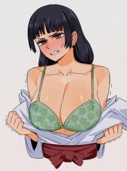 1girls big_breasts black_hair blush bra brown_eyes dubious_consent female female_focus female_only gritted_teeth jujutsu_kaisen light_skin ryuugu undressing utahime_iori