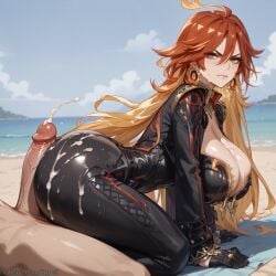 ai_generated alternate_version_available angry_face big_breasts black_suit buttjob cum_on_body cumming female genshin_impact hypet long_hair mavuika_(genshin_impact) red_hair shiny shiny_skin tagme thick thick_ass thick_thighs thighs video_game_character wet wet_body