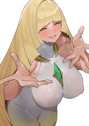 1girls 2d bare_shoulders big_breasts blonde_hair breasts creatures_(company) game_freak green_eyes highres large_breasts long_hair lusamine_(pokemon) mature_female mios1225 nintendo pokemon pokemon_sm simple_background sweat white_background