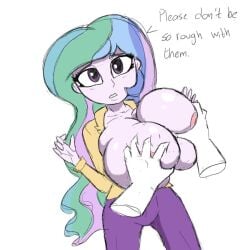 1boy 1girls anxious areolae big_breasts breast_grab breasts breasts_bigger_than_head clothed clothing disembodied_hand english_text equestria_girls female fondling fondling_breast friendship_is_magic grabbing grabbing_breasts groping groping_breasts hasbro male multicolored_hair my_little_pony princess_celestia_(mlp) principal_celestia purple_eyes stammis text unseen_male_face