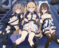 2d 3girls absurdres ahoge amber_eyes animal_hood bangs belly belt black_tail blonde_hair blue_eyes blush bondage boots breasts_out brown_hair cat_ear_headphones censored censored_pussy collared_shirt dildo dildo_in_pussy female_only fringe garter_straps glasses_on_head handcuffs hands_behind_back headphones heart-shaped_pupils hood hoodie human indoors kittychan knees_together_feet_apart kokona_(strinova) lanyard leg_garter light-skinned_female long_hair looking_at_viewer medium_breasts medium_hair michele_(strinova) miniskirt mosaic_censoring multiple_girls navel nipples on_back on_floor pouch punishment pussy ripped_clothing small_breasts stockings stomach strinova tail thighs tie turquoise_eyes twintails underboob yvette_(strinova)