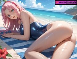 ai_generated anus_exposed beach beach_towel blonde_female blonde_hair blonde_hair_female exposed_ass hair_over_one_eye naruto naruto_(series) ponytail presenting_hindquarters presenting_pussy pussy_exposed ripped_clothing ripped_pants ripped_swimsuit sakura_haruno seaside short_hair swimsuit tagme