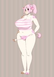 anthro big_breasts bovid bovine breasts cattle clothing crop_top genitals gynomorph hair heterochromia hi_res hooved_toes hooves horn huge_breasts intersex long_ears mammal miu navel panties penis purple_hair shirt solo tail topwear underwear