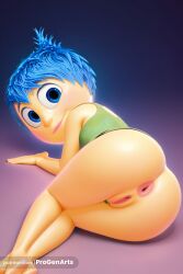 1girls ai_generated anus ass blue_eyes blue_hair bottomless disney from_behind hi_res inside_out inside_out_2 joy_(inside_out) loli looking_at_viewer looking_back lying on_side pixar progenarts pussy short_hair smile solo tank_top uncensored web_address