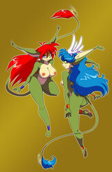 ass big_breasts blue_hair bracers breasts chalo din_(chalo) edit female green_fur hair imp jin_(chalo) las_lindas nipples nude pose purple_eyes pussy red_hair sibling sisters small_breasts twins