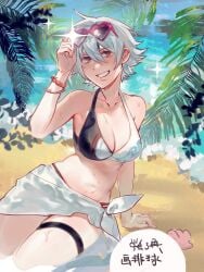 beach bikini canon_genderswap cleavage cloudyqchan female female_only genderswap_(mtf) ginko_sakata gintama gintoki_sakata heart-shaped_eyewear medium_breasts outdoors rule_63 sarong short_hair sitting smile solo sunglasses sunglasses_on_head sweat swimsuit thigh_strap white_hair