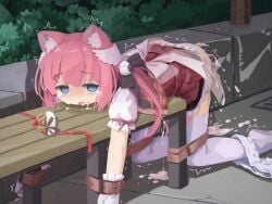 after_sex animal_ears belt bench bent_over bird blue_eyes blush bondage bound bow cat_ears cat_girl cigarette crying crying_with_eyes_open cum dress female gloves hair_ornament hairclip hassai head_wings highres outdoors panties panties_around_one_leg pink_hair plant restrained ribbon sakurada_hane saliva skirt solo tears thighhighs trembling twintails underwear virtual_youtuber white_gloves white_thighhighs wings