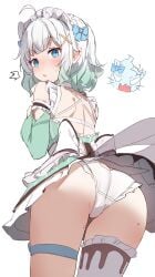 ahoge ass bangs bare_shoulders blue_eyes blush bow cowboy_shot detached_sleeves dress eyebrows_visible_through_hair female frills from_behind hair_ornament hairbow leg_garter long_sleeves looking_at_viewer looking_back maid maid_headdress mint_fantome multicolored_hair panties pleated_skirt puffy_sleeves silver_hair simple_background skirt sleeveless solo standing striped sweat thigh_strap thighhighs underwear virtual_youtuber white_background white_panties