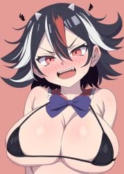 2d black_hair blush bow horns large_breasts micro_bikini red_eyes red_streak seija_kijin streaked_hair tagme tagme_(artist) touhou white_streak