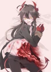 bondage crying demon demon_boy demon_horns demon_tail funamusea gore guro intestines ivlis laying_down laying_on_bed organs the_gray_garden tied_up